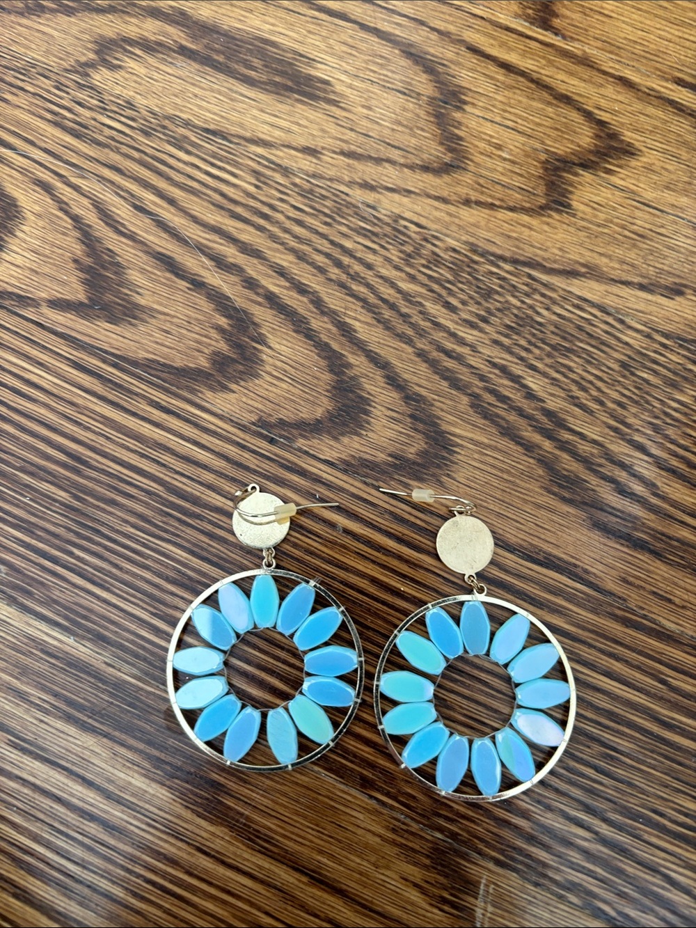Gold Hoop Drop Earrings with Turquoise Petal Accents